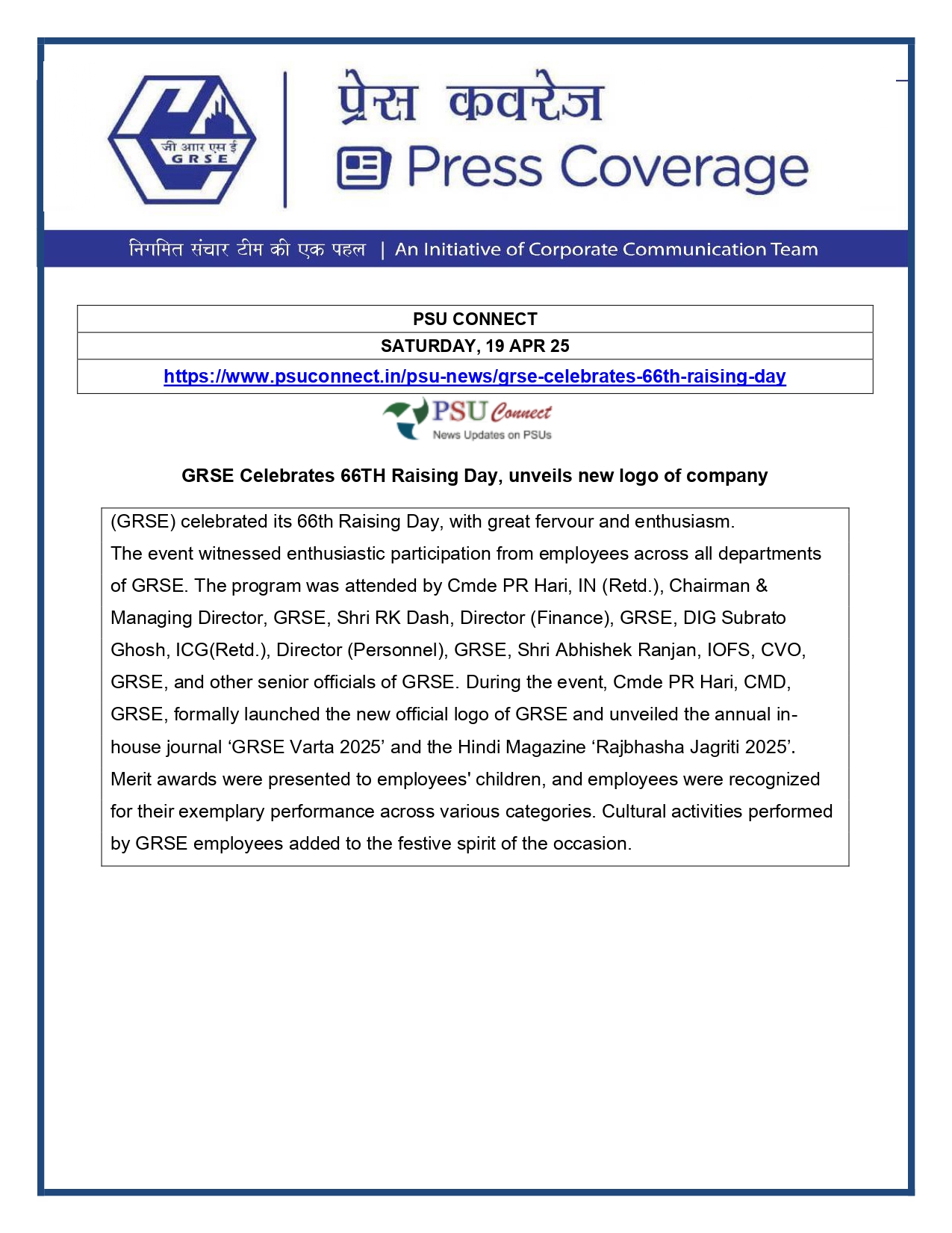 Press Coverage : GRSE CELEBRATES 66Th RAISING DAY 